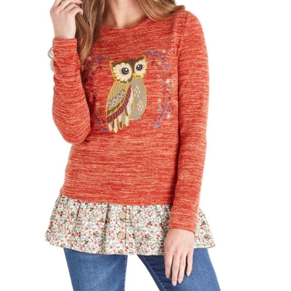 Joe Browns Women’s Shirt Tunic Owl Embroidery Floral Cotton Blend Orange Size 8